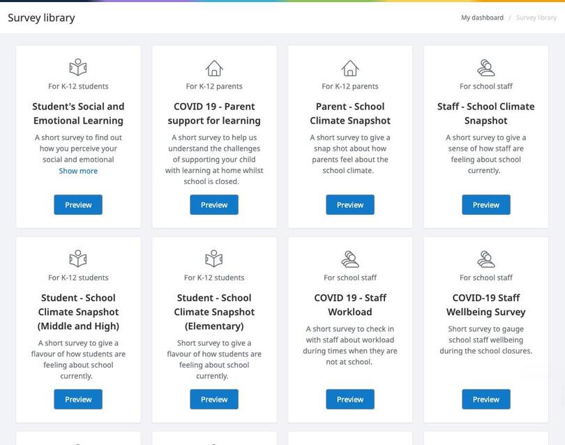 View of the comprehensive survey library available in Satchel Pulse's Perceptions product.
