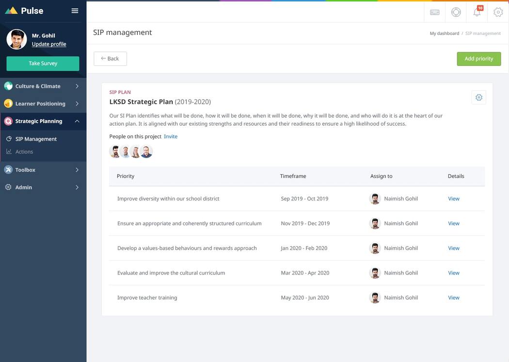 Screenshot of a Pulse school improvement plan